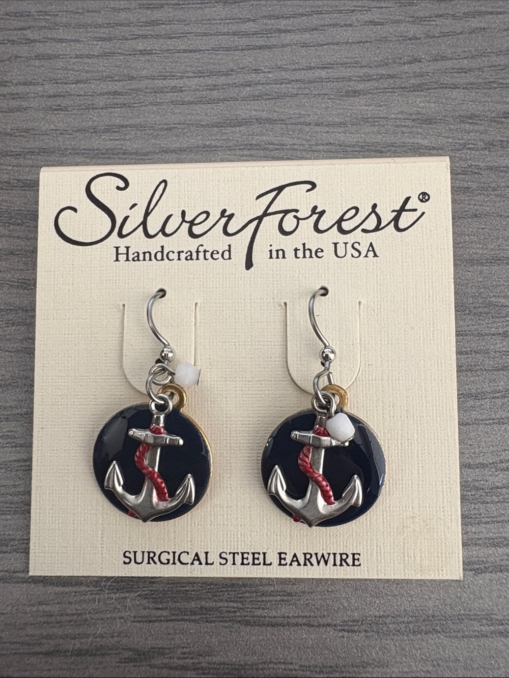Silver Forest Navy and Red Anchor Drop Earrings
